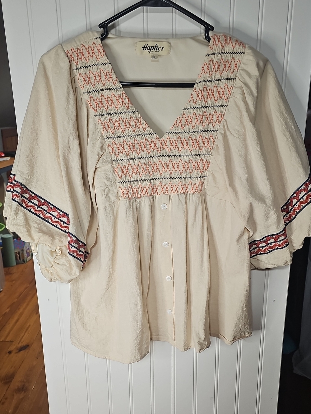 Haptics Cream Embroidered V-Neck Peasant Blouse